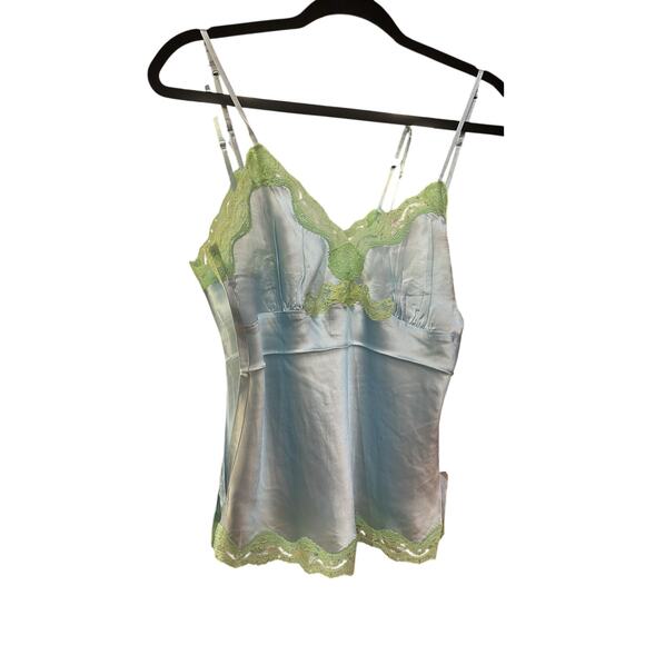 Gold Hawk Tops - $180 Gold Hawk Blue 100% Silk Cami Green Lace Tank M